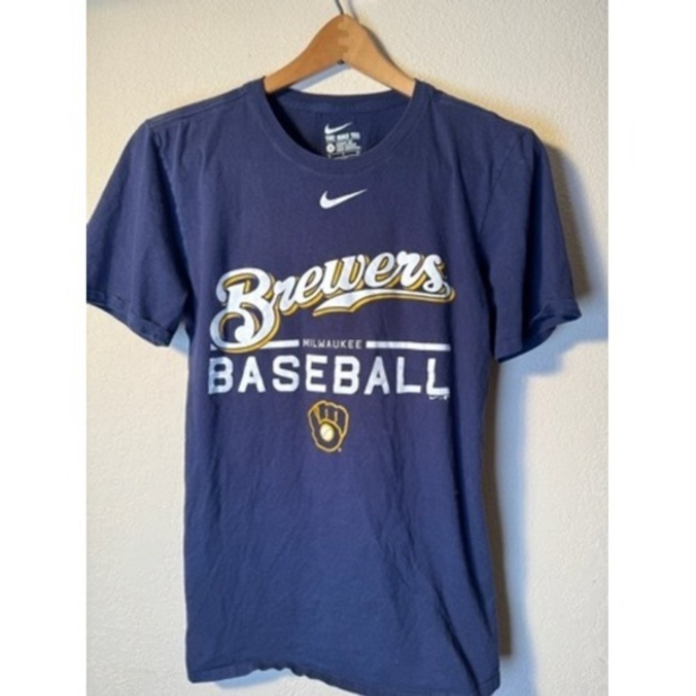 Nike Milwaukee Brewers Baseball T Shirt Mens Small Navy Blue‎ *Hole on back*